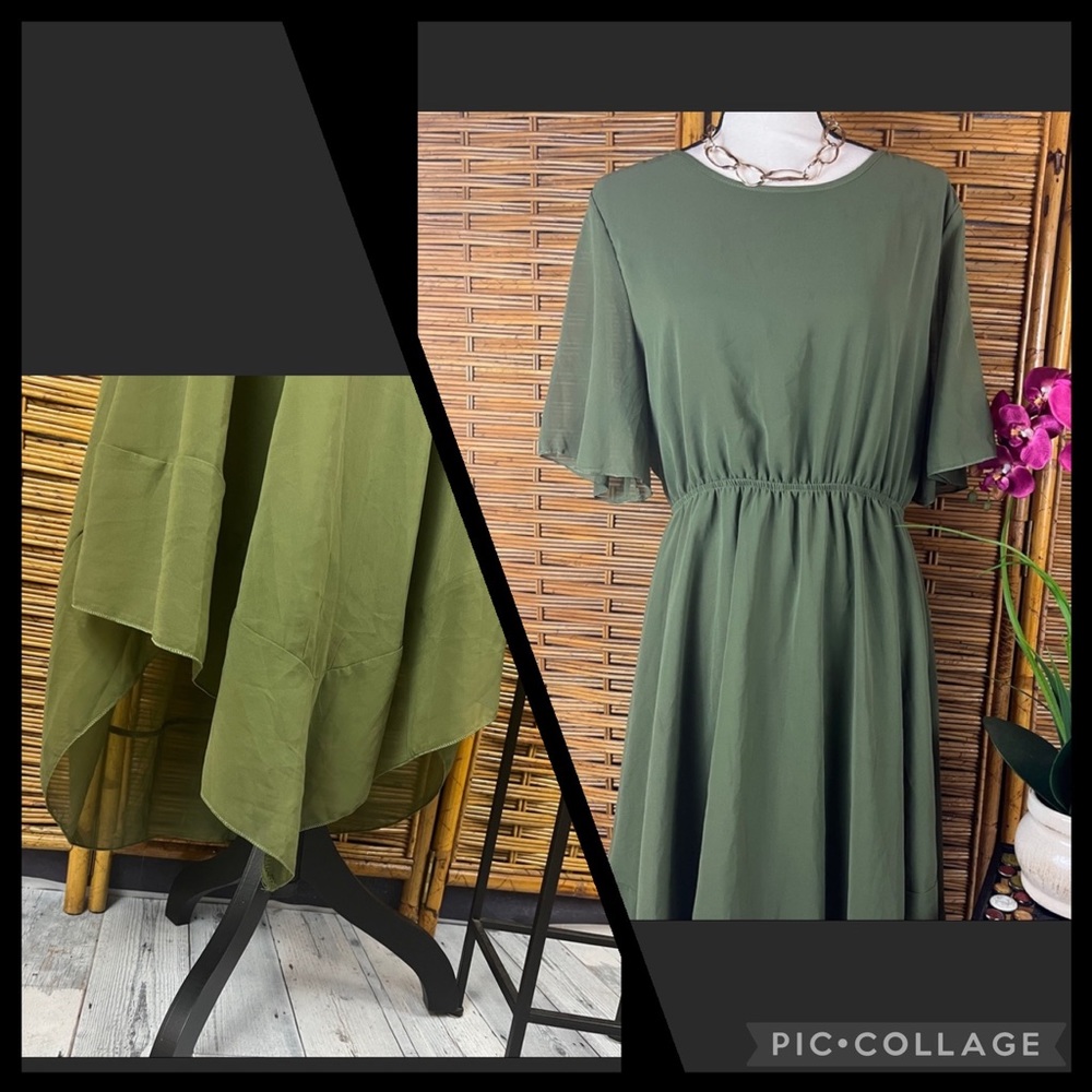 CHIFFON HANDKERCHIEF HEM ARMY GREEN LINED XL WAIST DEFINING DRESS